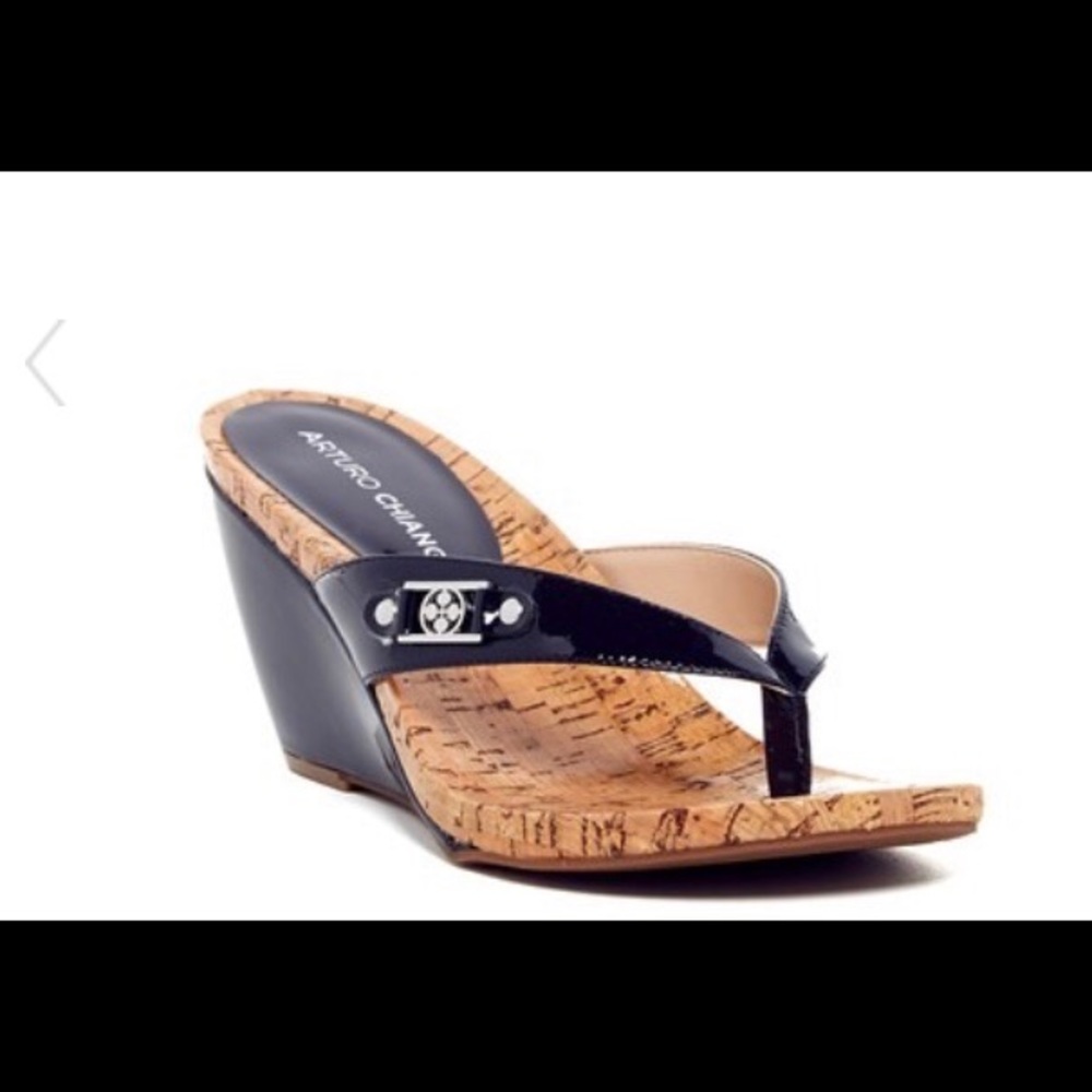 NWOB Arturo Chiang Noel wedge sandal Navy size 7.5